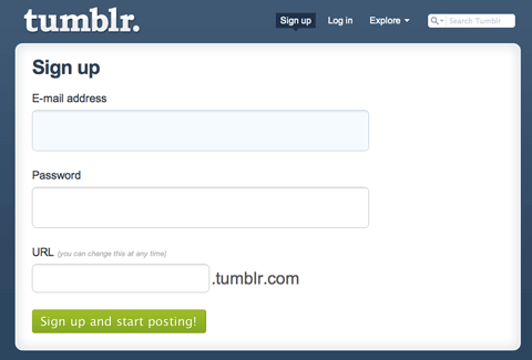 Tumblr имеет одну из самых коротких форм регистрации
