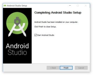 После нажатия кнопки « Далее» программа установки представила панель « Завершение установки Android Studio»